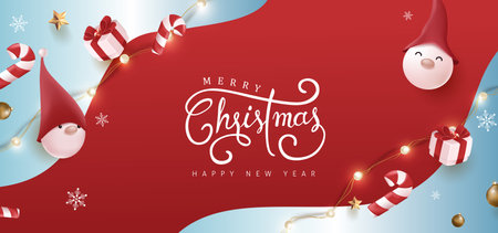 Merry Christmas and happy new year banner with cute gnome and festive decoration for christmasのイラスト素材