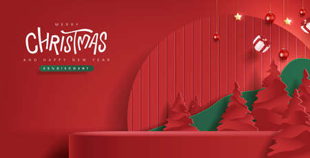 Merry Christmas banner with product display and festive decoration for christmas red backgroundのイラスト素材
