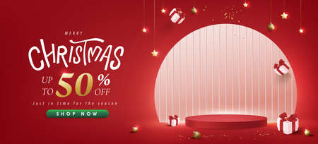 Merry Christmas sale promotion poster banner with product display and festive decoration red backgroundのイラスト素材