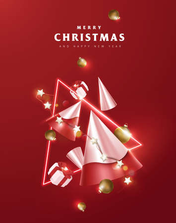 Merry Christmas poster banner with Falling gift box and festive decoration on red backgroundのイラスト素材