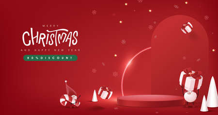 Merry Christmas and happy new year banner with festive decoration and copy space product display cylindrical shapeのイラスト素材
