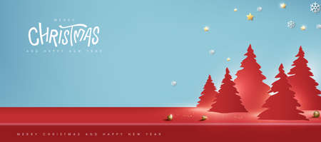 Merry Christmas banner with product display cylindrical shape and christmas tree paper cut styleのイラスト素材