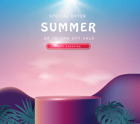 Colorful Summer sale banner with tropical product display cylindrical shapeのイラスト素材