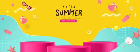 Colorful Summer sale banner with beach vibes decorate and product display cylindrical shapeのイラスト素材