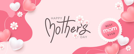 Happy Mothers day banner background layout Heart Shaped Balloons and flower with copy spaceのイラスト素材