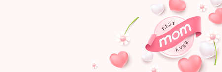 Happy Mothers day banner background layout Heart Shaped Balloons and flower with copy spaceのイラスト素材