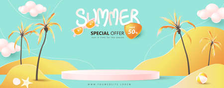 Summer sale poster banner template for promotion with product display cylindrical shape and beach backgroundのイラスト素材
