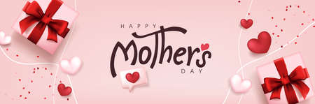 Happy Mothers day poster banner background layout with gift box and heart shaped balloonsのイラスト素材