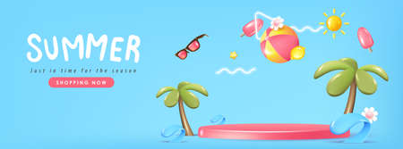 Colorful Summer sale banner background with product display cylindrical shape and beach vibes decorateのイラスト素材