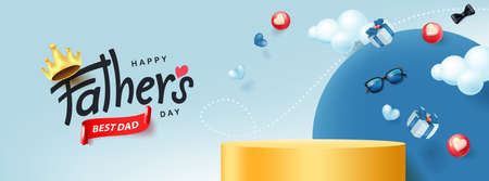 Happy Father's Day card with product display cylindrical shape and gift box for dad on blue backgroundのイラスト素材