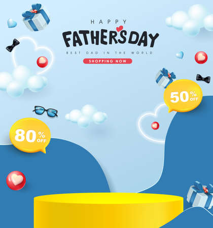 Happy Father's Day card with product display cylindrical shape and gift box for dad on blue backgroundのイラスト素材