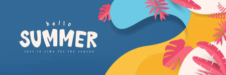 Tropical Summer background layout banner design with Paper Cut artのイラスト素材