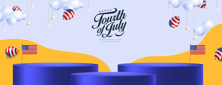 Independence day USA sale poster banner with product display cylindrical shape and american balloonsのイラスト素材