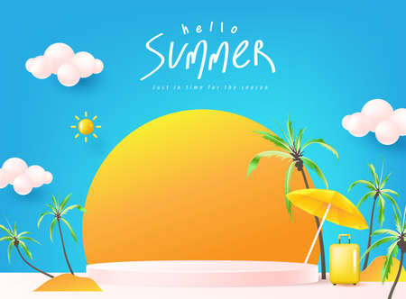 Summer sale poster banner template for promotion with product display cylindrical shape and beach backgroundのイラスト素材