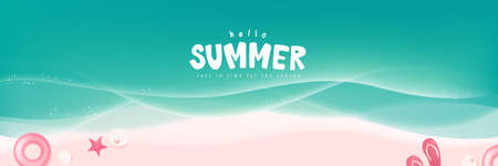 Blue sea and beach summer banner background with ripple and beach decorationsのイラスト素材