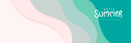 Blue sea and beach summer banner background with abstract ripple paper cut styleのイラスト素材