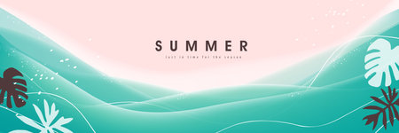 Blue sea and beach summer banner background with ripple and tropical leafのイラスト素材