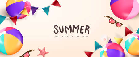 Summer poster banner background template with colorful beach ballのイラスト素材