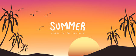 Summer poster banner background template with Scenic sunset on tropical beachのイラスト素材