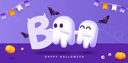 Halloween banner design with cute ghost boo typography and pumpkins Festive Elements Halloweenのイラスト素材