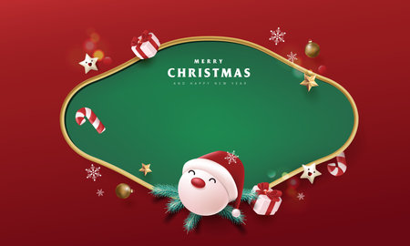 Merry Christmas sign banner frame with empty space and festive decoration on red backgroundのイラスト素材