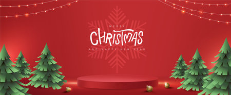 Merry Christmas banner with product display cylindrical shape and christmas tree paper cut styleのイラスト素材