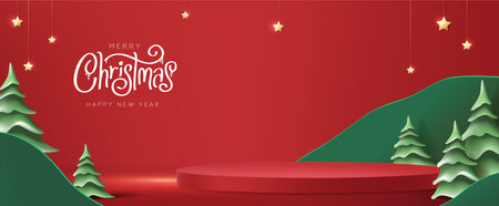 Merry Christmas banner with product display cylindrical shape and christmas tree paper cut styleのイラスト素材
