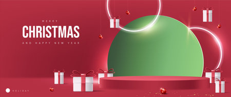 Happy Merry Christmas banner with product display cylindrical shape and gift box red bow decoration red backgroundのイラスト素材