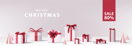 Merry Christmas sale banner with gift box red bow decoration white backgroundのイラスト素材
