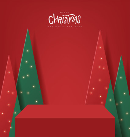 Merry Christmas banner with product display table and Artificial Christmas Trees backdropのイラスト素材