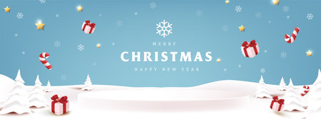 Merry Christmas banner winter landscape background and snow product display cylindrical shapeのイラスト素材