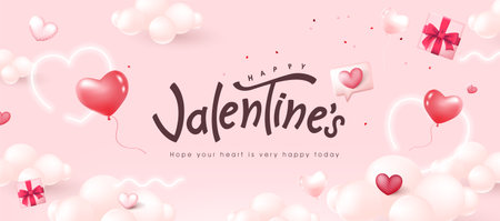 Happy Valentines day card or banner background with Heart Shaped Balloons and text design on pink skyのイラスト素材