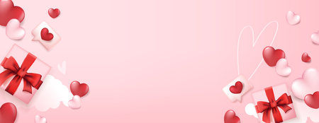 Valentines day card banner with gift box and Heart confetti falling over pink cloud background for...