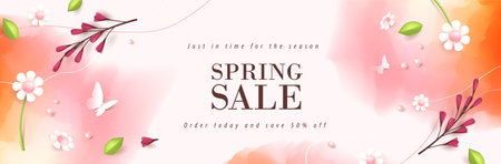 Spring Sale Header or Banner Design Promotion offer layout with fresh bloom flowers and butterfly elementsのイラスト素材