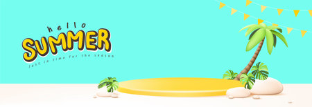 Summer travel poster banner with yellow product display podium summer tropical beach scene design backgroundのイラスト素材