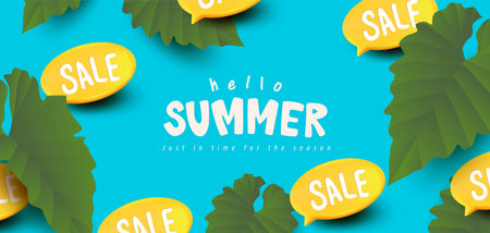 Summer sale promotion poster banner with summer tropical vibes and yellow sale speech bubble backgroundのイラスト素材