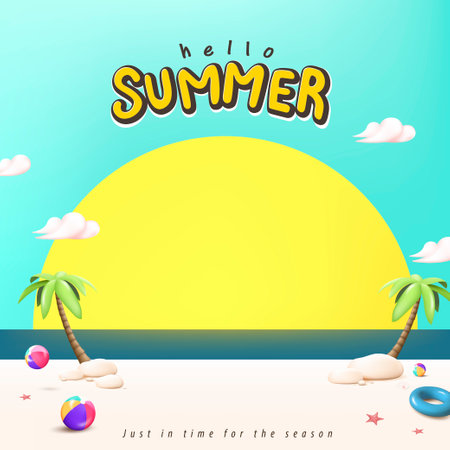 Summer travel poster banner with sand and summer beach sunset scene design backgroundのイラスト素材