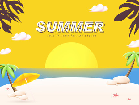 Summer travel poster banner with sand and summer beach sunset scene design backgroundのイラスト素材