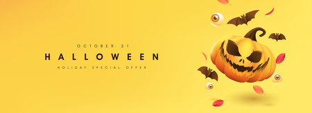 Happy Halloween banner or party invitation background with Copy space and pumpkins Festive Elementsのイラスト素材