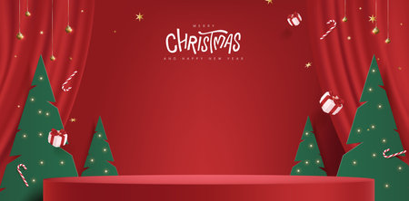 Merry Christmas banner with stage product display cylindrical shape and festive decoration for christmasのイラスト素材