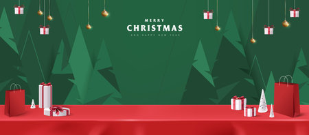 Merry Christmas banner red tablecloth product display with copy space and gift box decorate christmas tree abstract backgroundのイラスト素材
