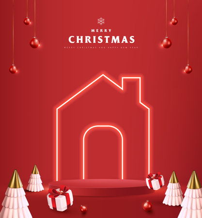 Merry Christmas banner home icon with neon flex and product display cylindrical shapeのイラスト素材