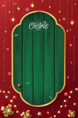 Merry Christmas sign banner green wood frame with empty space and festive decoration on red backgroundのイラスト素材