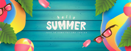 Colorful Summer banner background with Beach Accessories On Blue Plank - Summer Holiday Bannerのイラスト素材