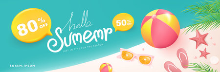 Colorful Summer sale promotion banner with beach vibes background layout banner design and calligraphy summerのイラスト素材
