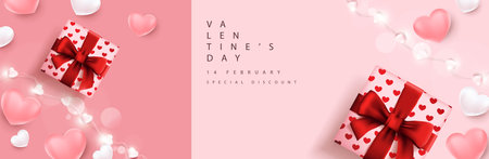 Valentine's day card, banner or poster template background with festive heart shaped and gift decorationのイラスト素材