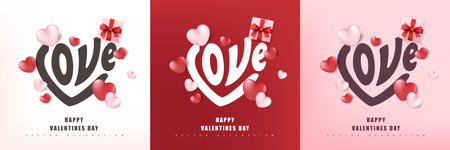 Calligraphy in heart shape love and festive heart shaped decorations Elements for valentine day festival design Valentine's day conceptのイラスト素材