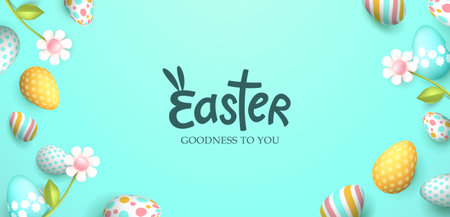 Easter banner with easter eggs frame and spring flowers on pastelのイラスト素材