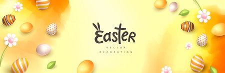 Easter banner with easter eggs frame and spring flowers on water color backgroundのイラスト素材