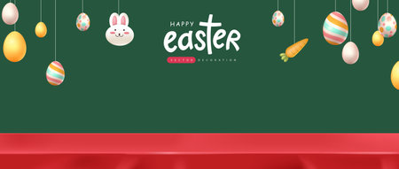 Happy easter banner background with red tablecloth product display hanging easter eggs different ornaments and copy spaceのイラスト素材